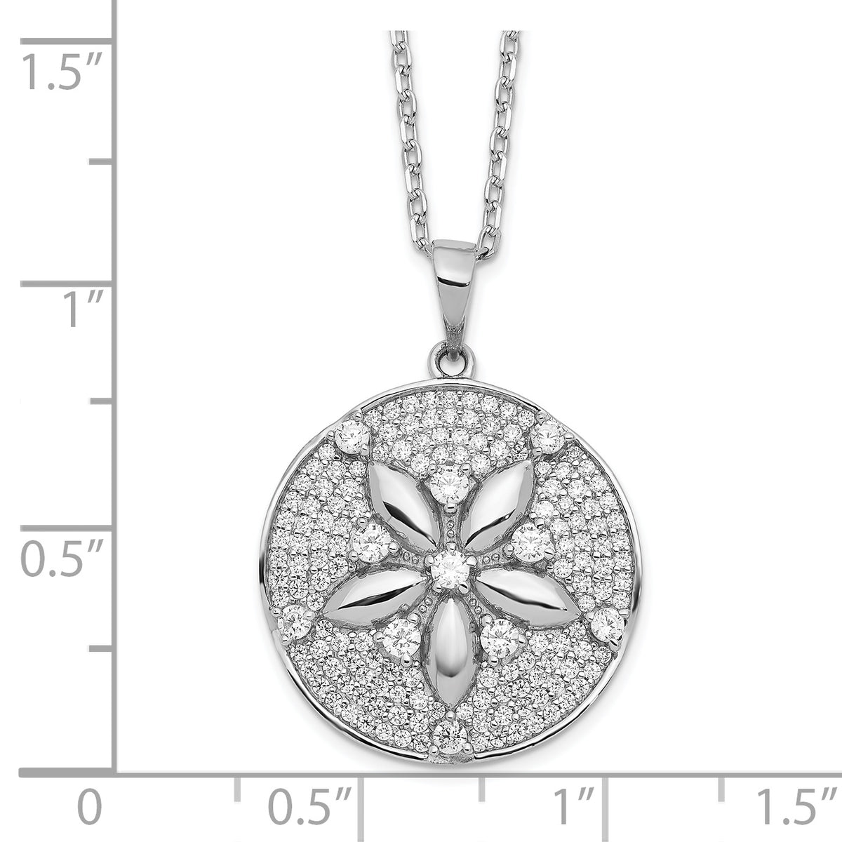 Sterling Silver Cheryl M Rhod-pltd CZ Sand Dollar w/ 2in ext Necklace