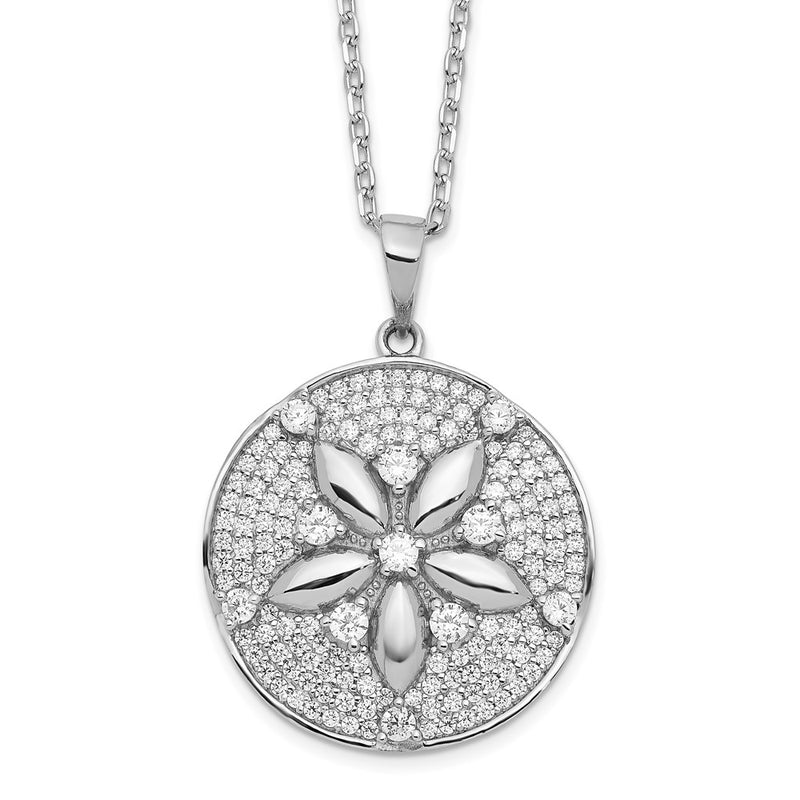 Sterling Silver Cheryl M Rhod-pltd CZ Sand Dollar w/ 2in ext Necklace