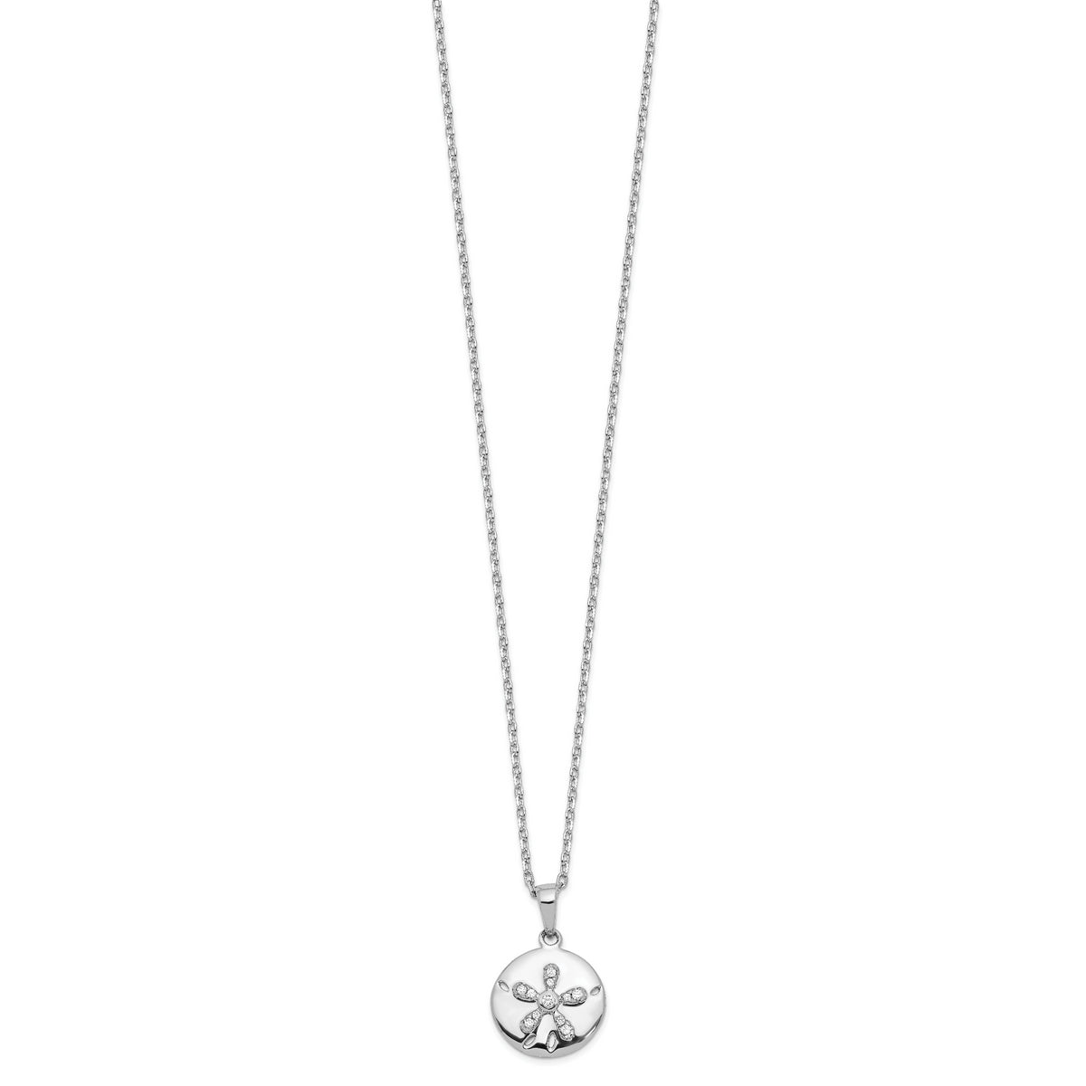 Sterling Silver Cheryl M Rhod-pltd CZ Sand Dollar w/ 2in ext Necklace