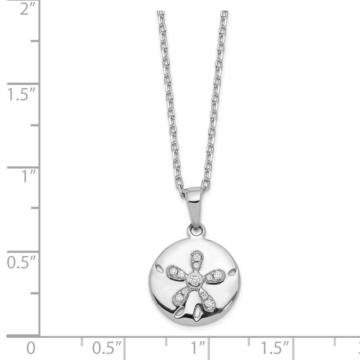 Sterling Silver Cheryl M Rhod-pltd CZ Sand Dollar w/ 2in ext Necklace