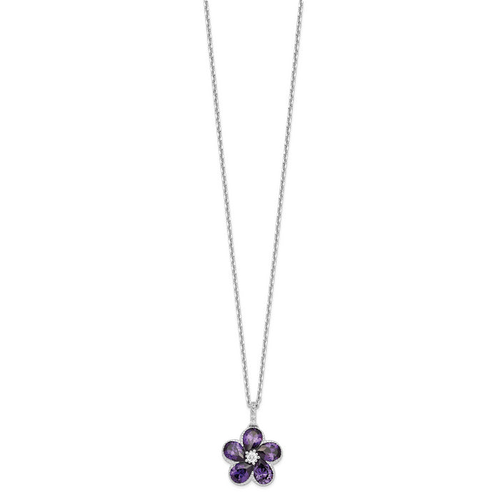 SS Cheryl M Rh-pltd Purple & White CZ Flower w/ 2in ext. Necklace