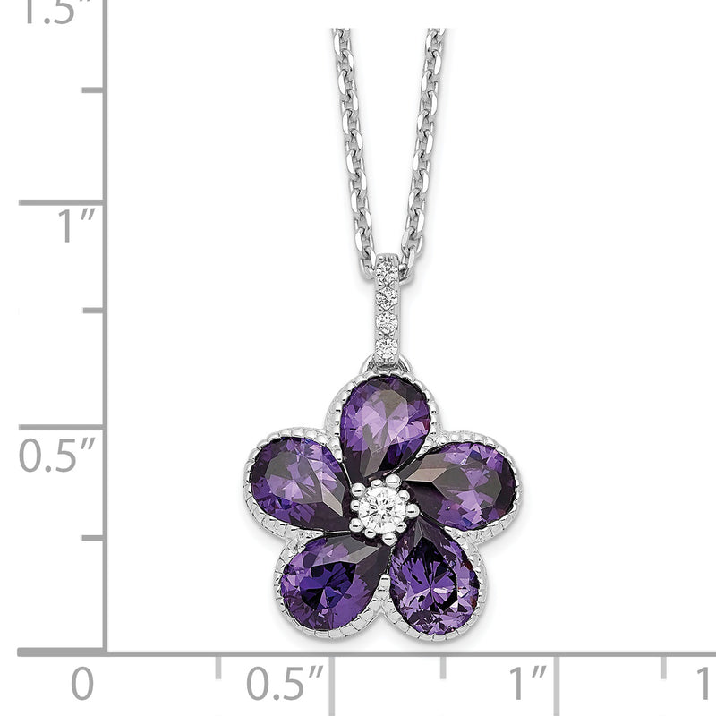 SS Cheryl M Rh-pltd Purple & White CZ Flower w/ 2in ext. Necklace