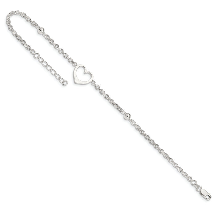 Sterling Silver 9in Plus 1 in ext Heart Anklet