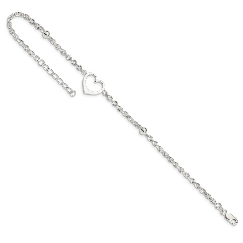 Sterling Silver 9in Plus 1 in ext Heart Anklet