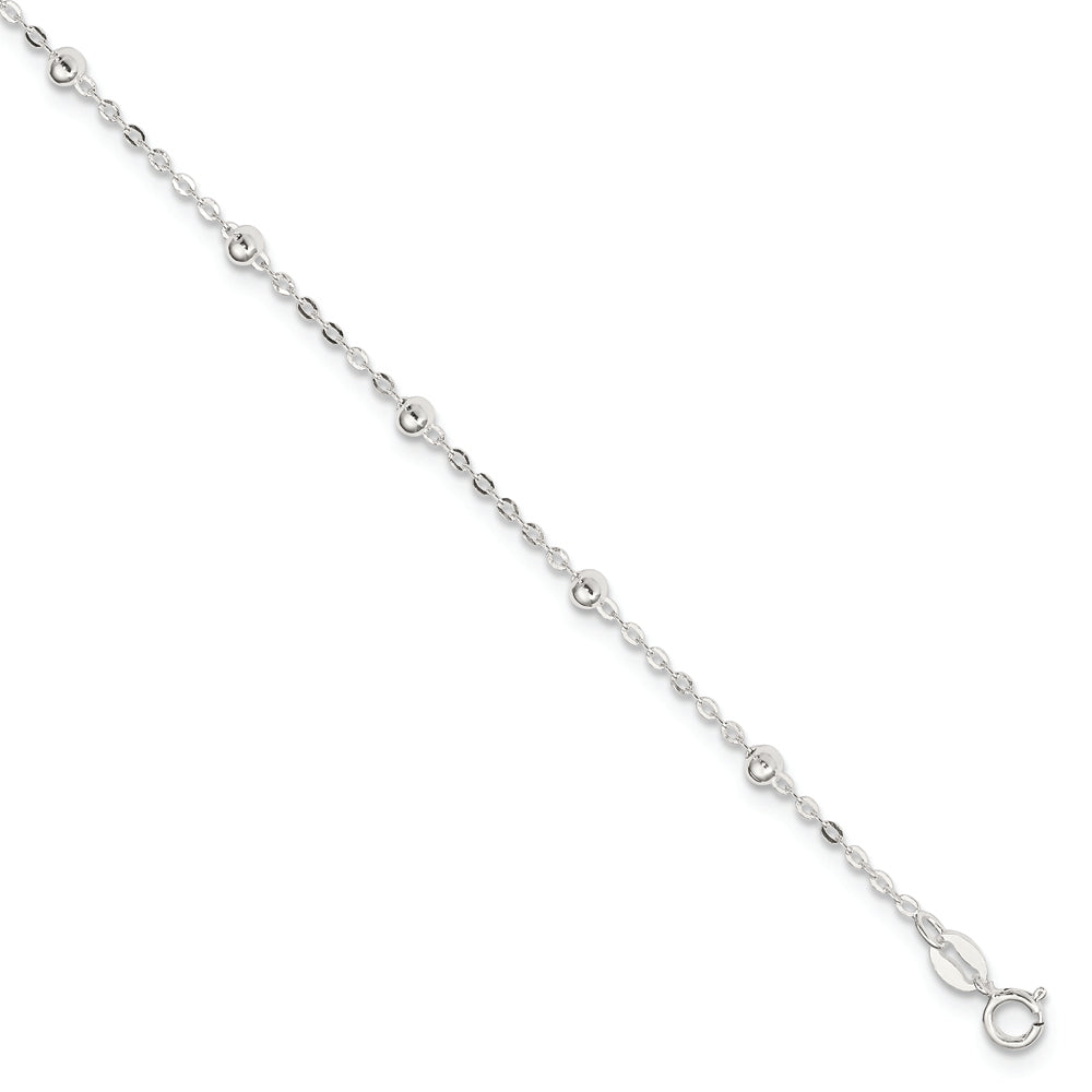 Sterling Silver 1mm Beaded Chain 9in Plus 1in ext. Anklet