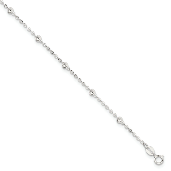 Sterling Silver 1mm Beaded Chain 9in Plus 1in ext. Anklet