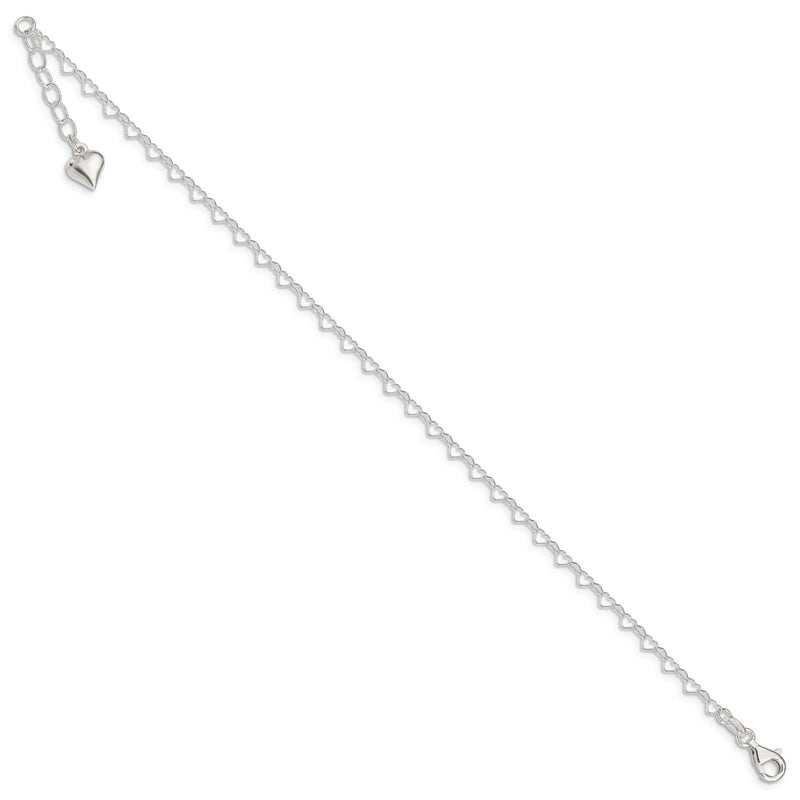 Sterling Silver Polished Puffed Heart 9in Plus 1in ext. Anklet