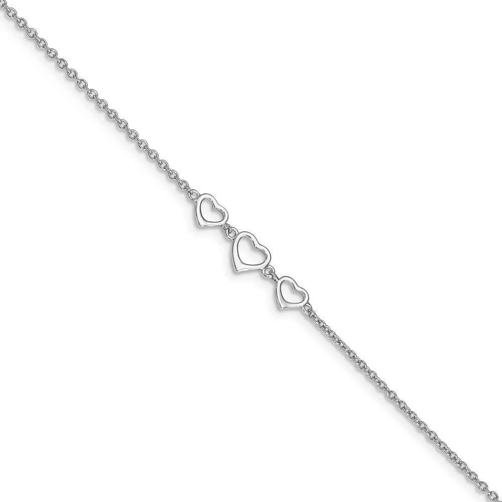 Sterling Silver Rhodium-plated 10 in Plus1 in ext Three Hearts Anklet