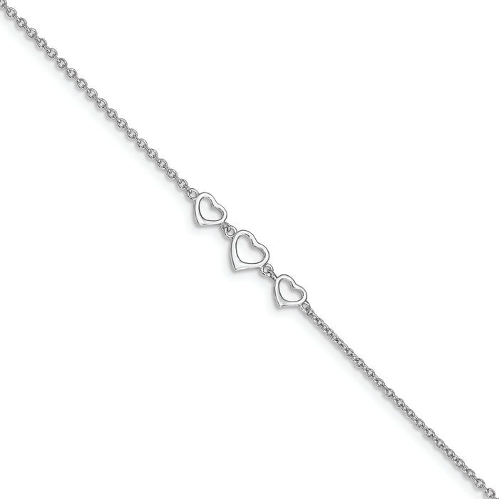 Sterling Silver Rhodium-plated 10 in Plus1 in ext Three Hearts Anklet