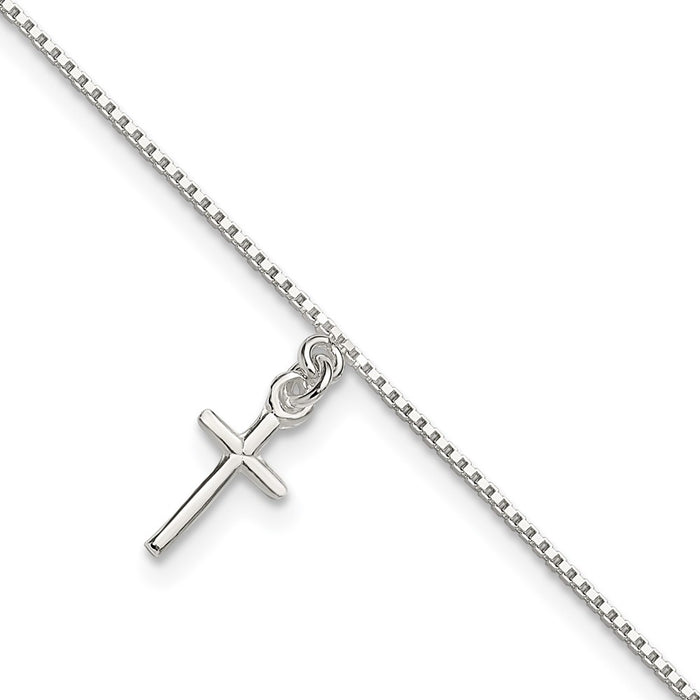 Sterling Silver 10 in Solid Polished Cross on Box Chain Anklet