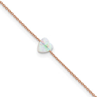 Sterling Silver Rose-tone White Cr. Opal Heart 9in Plus 2 in ext. Anklet