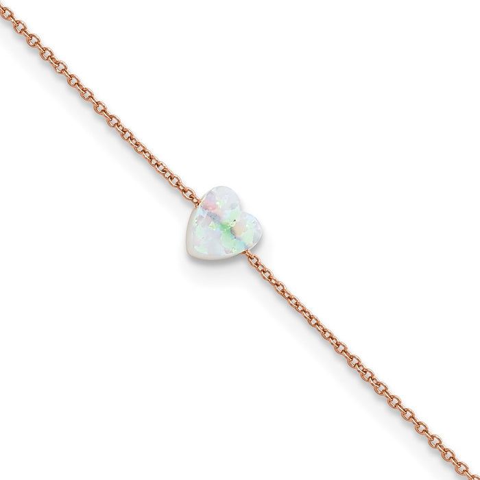 Sterling Silver Rose-tone White Cr. Opal Heart 9in Plus 2 in ext. Anklet