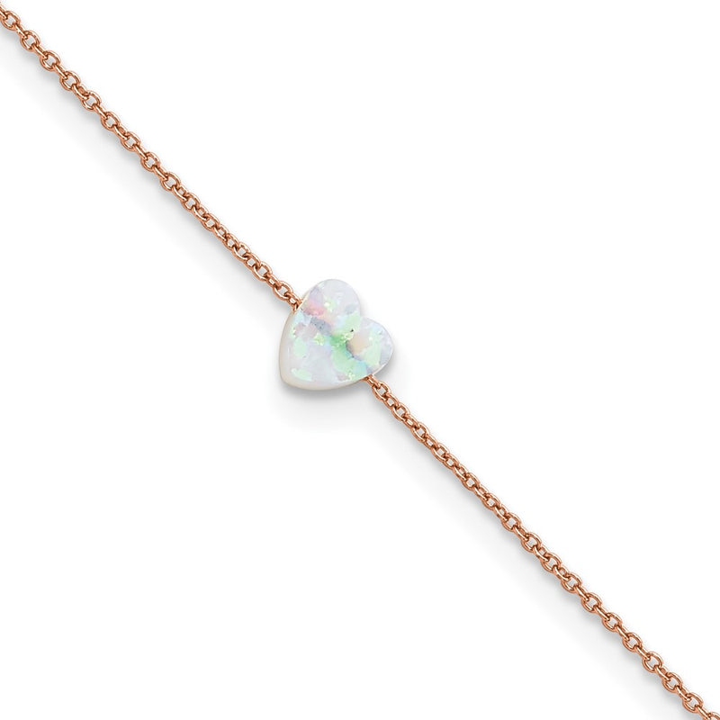 Sterling Silver Rose-tone White Cr. Opal Heart 9in Plus 2 in ext. Anklet