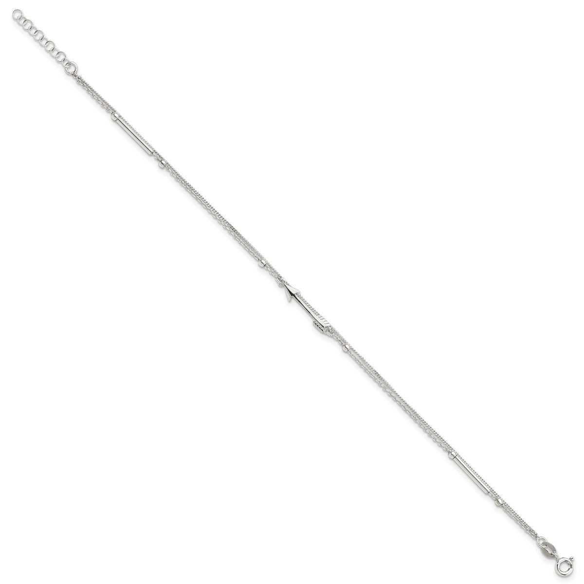 Sterling Silver 9in Plus 1in Ext. 2-strand Arrow and Bar Anklet