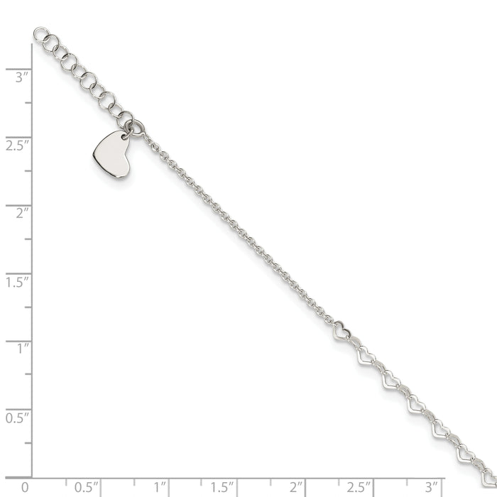 Sterling Silver Heart Link 9in Plus 1 in Ext. Anklet