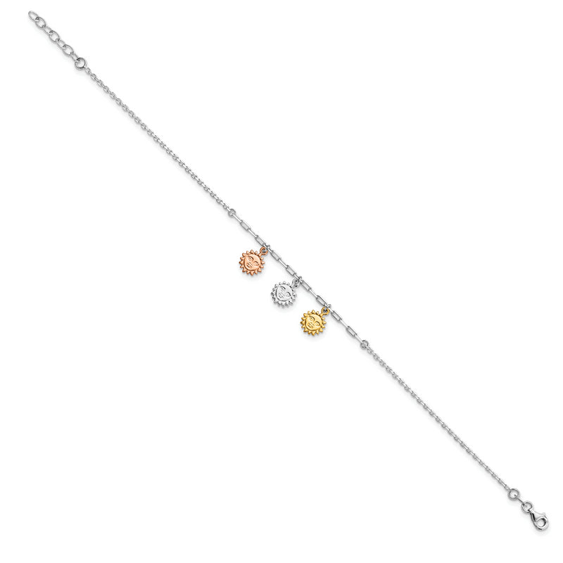 Sterling Silver Rose-tone and Gold-tone Suns 9in Plus 1in Ext. Anklet