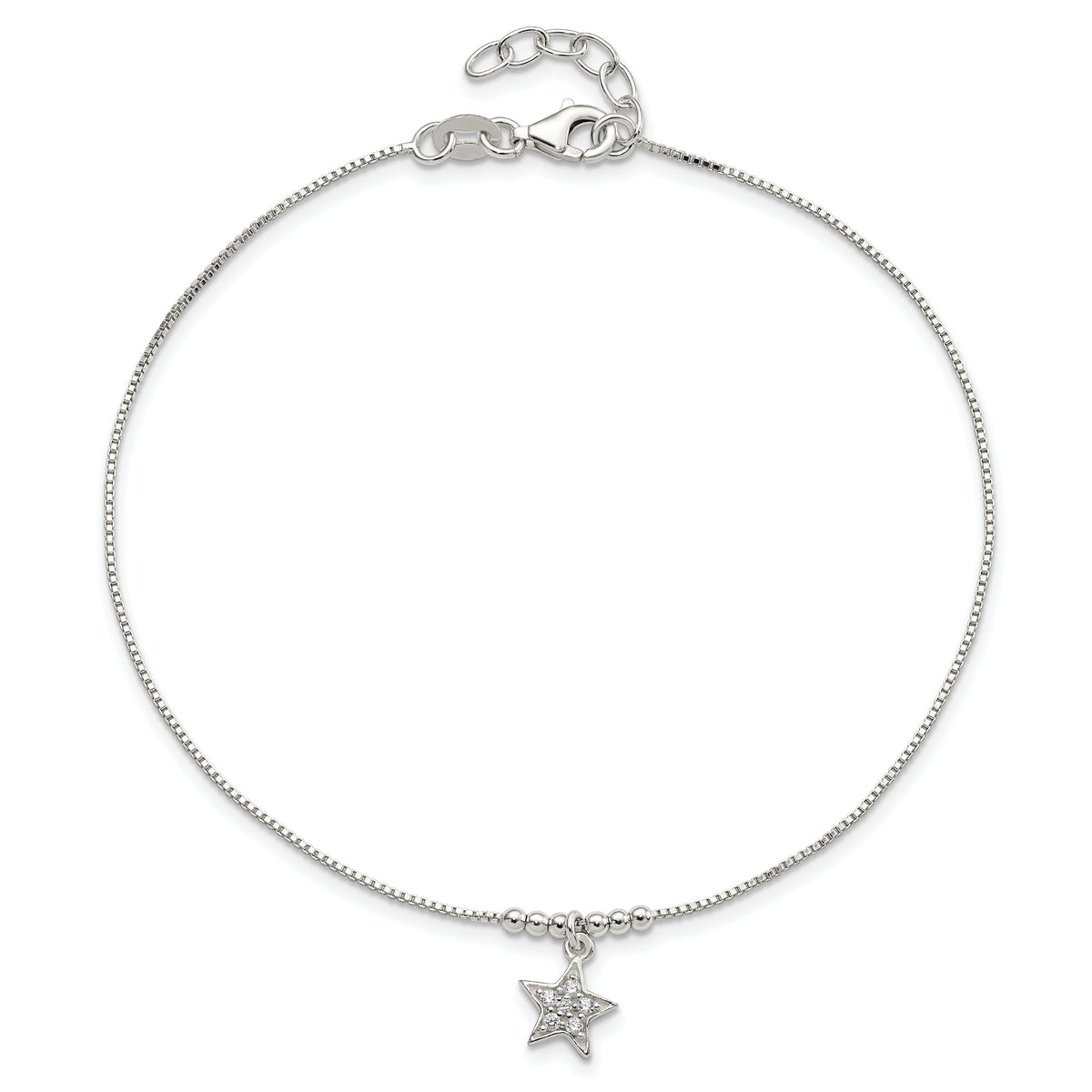 Sterling Silver CZ Star and Beads 9in Plus 1in Ext. Anklet