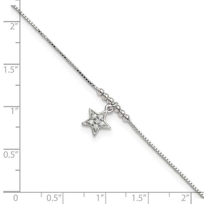 Sterling Silver CZ Star and Beads 9in Plus 1in Ext. Anklet