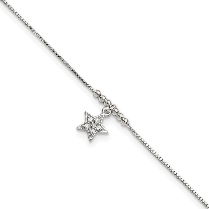 Sterling Silver CZ Star and Beads 9in Plus 1in Ext. Anklet