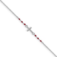 Sterling Silver Rhodium-plated Polished CZ Red Enamel Bead Cross Anklet