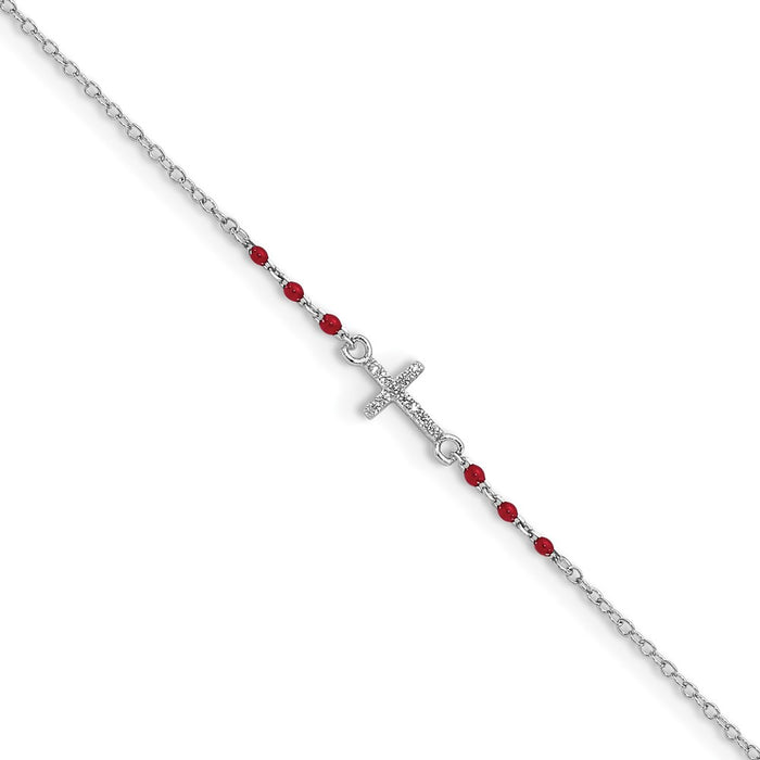 Sterling Silver Rhodium-plated Polished CZ Red Enamel Bead Cross Anklet