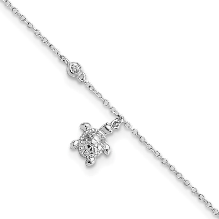 Sterling Silver Rhodium-plated Polished CZ Turtle 9in Plus 1 in Ext. Anklet