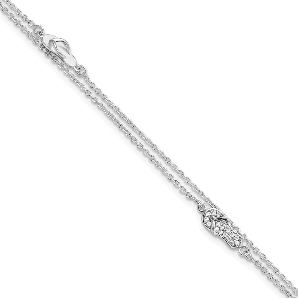 Sterling Silver CZ Flip Flop 9in Plus 1in Ext. Anklet