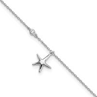 Sterling Silver Rhod-plated Polished CZ Starfish 9in Plus 1 in Ext  Anklet