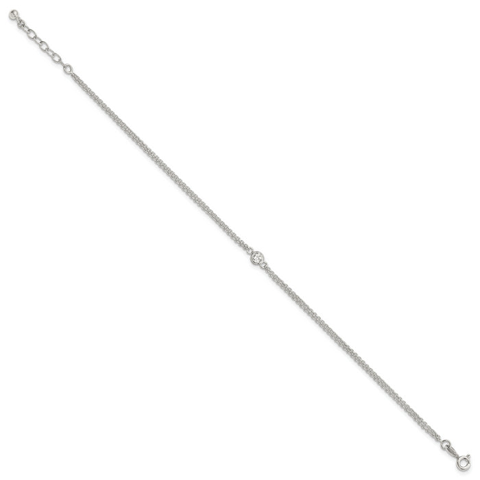 Sterling Silver Bezel CZ 2-Strand 9in Plus 1 in Ext. Anklet