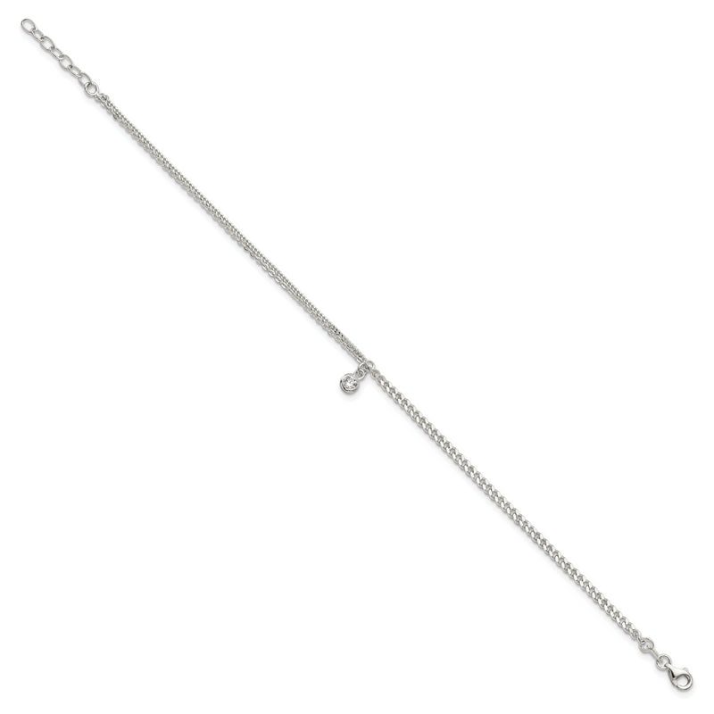 Sterling Silver CZ Fancy Chain 9in Plus 1in Ext. Anklet