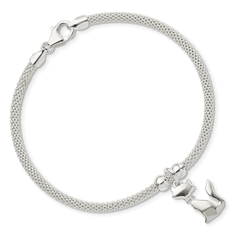 Sterling Silver Polished CZ Cat Charm Bracelet