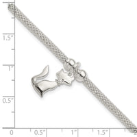 Sterling Silver Polished CZ Cat Charm Bracelet