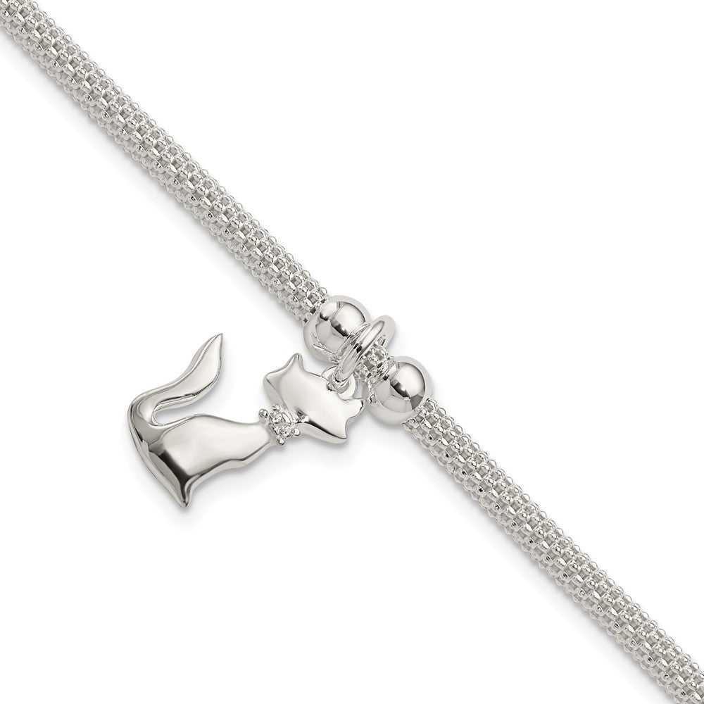 Sterling Silver Polished CZ Cat Charm Bracelet