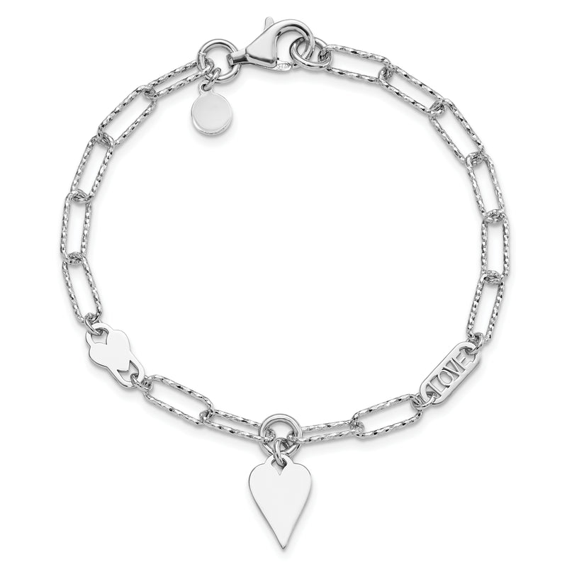 Sterling Silver Rhodium-plated Diamond-cut LOVE/Heart Dangle Bracelet