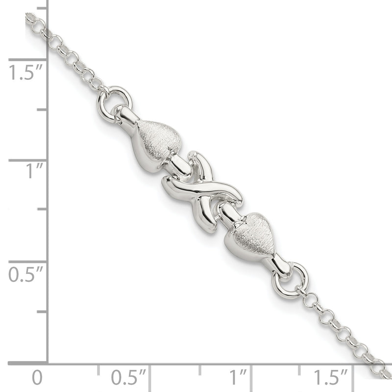 Sterling Silver Satin & Polished Double Heart Bracelet