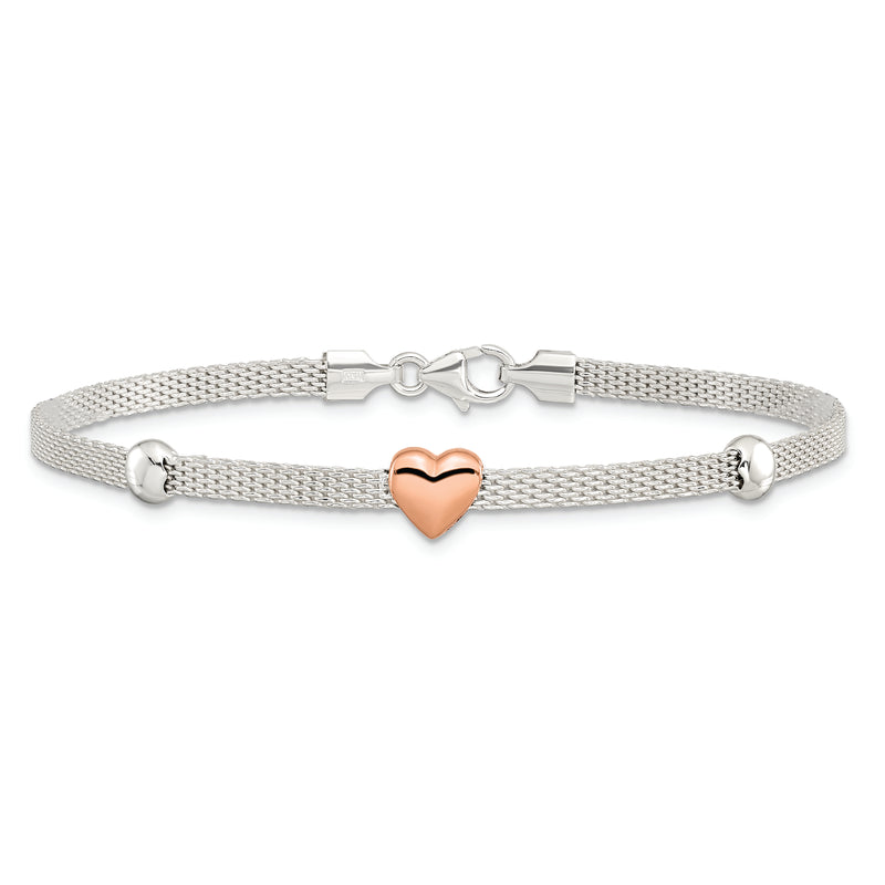 Sterling Silver Polished Rose-plated Heart Bracelet