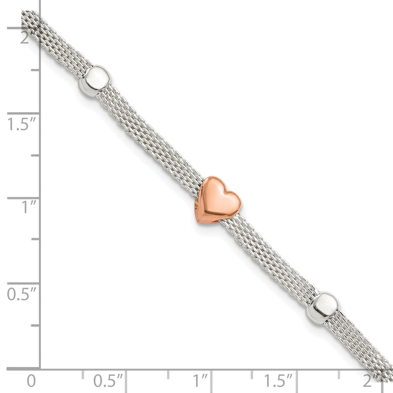 Sterling Silver Polished Rose-plated Heart Bracelet