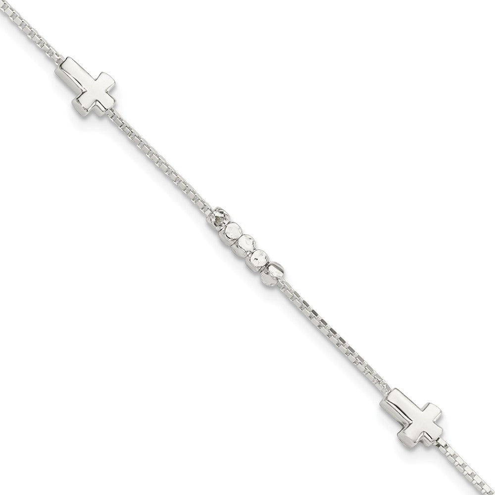 Sterling Silver Fancy Bead & Cross w/ 1in ext Bracelet