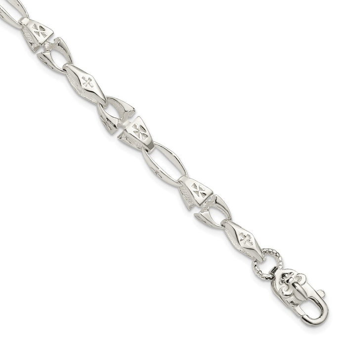 Sterling Silver Polished Cross w/Fleur de Lis Clasp Bracelet