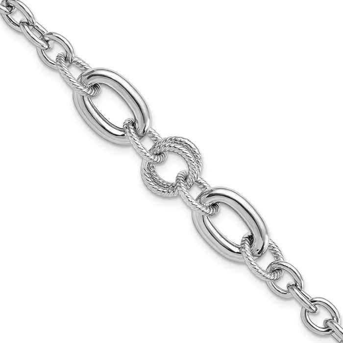 Sterling Silver Rhodium-pltd Fancy Textured Link Bracelet