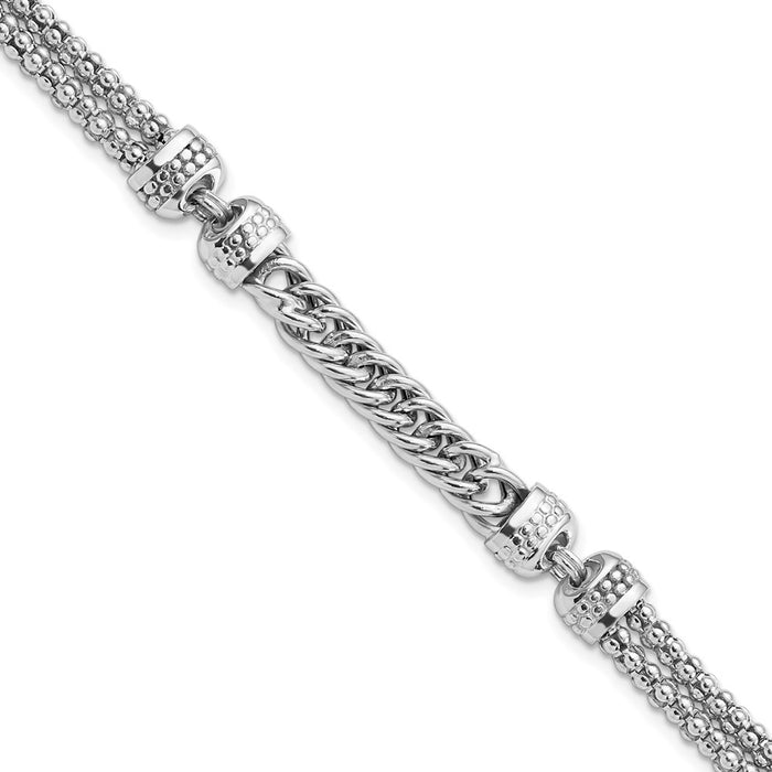 Sterling Silver Rhodium-plated Polished Fancy Beaded/Curb Bracelet