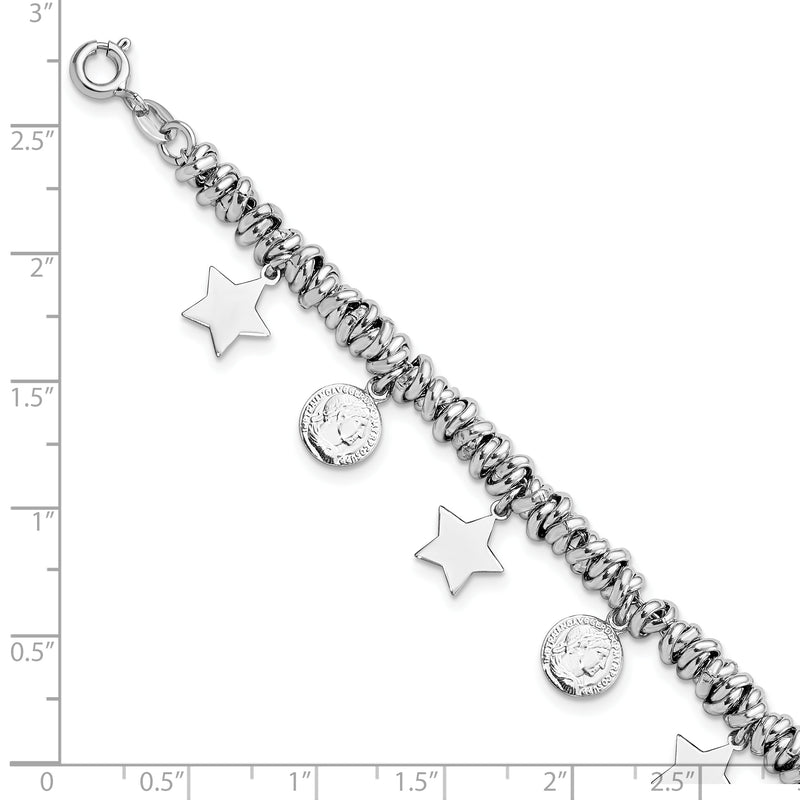 Sterling Silver Rhodium-plated Polished Coin and Star Charm w/ 1in ext. Bra