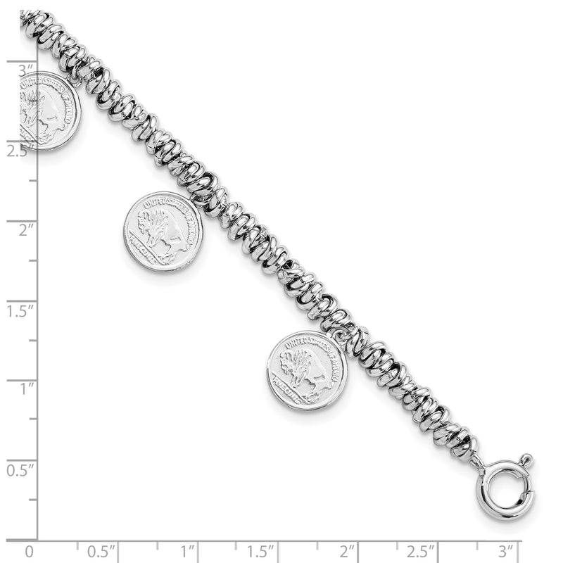 Sterling Silver Rhodium-plated Polished Coin Charm w/ 2in ext. Bracelet