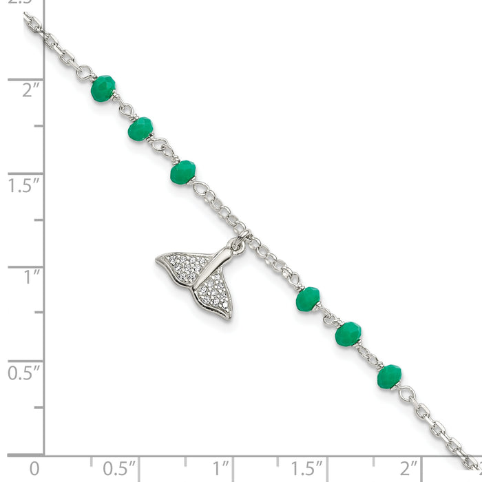 Sterling Silver CZ Whale Tail w/ Green Glass Beads Bracelet