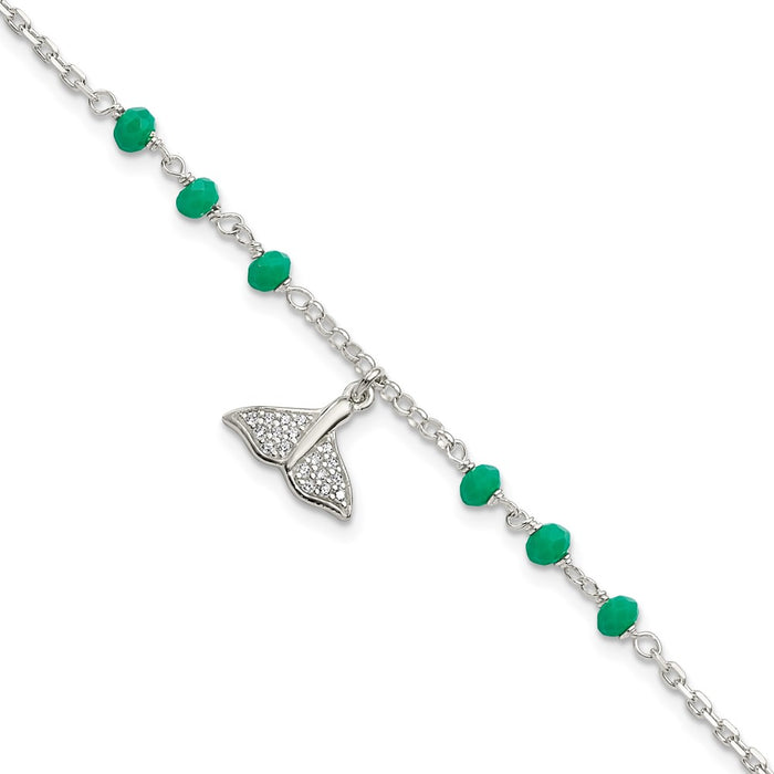 Sterling Silver CZ Whale Tail w/ Green Glass Beads Bracelet