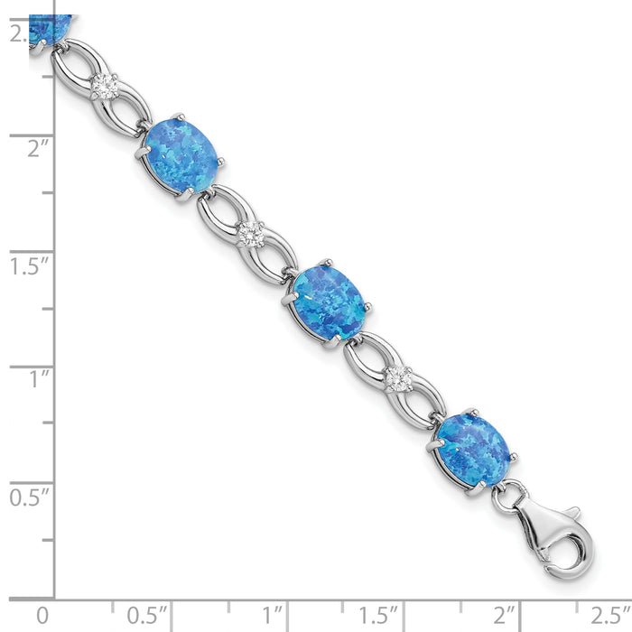 Sterling Silver Rhodium-plated Polished Blue Created Opal & CZ Bracelet