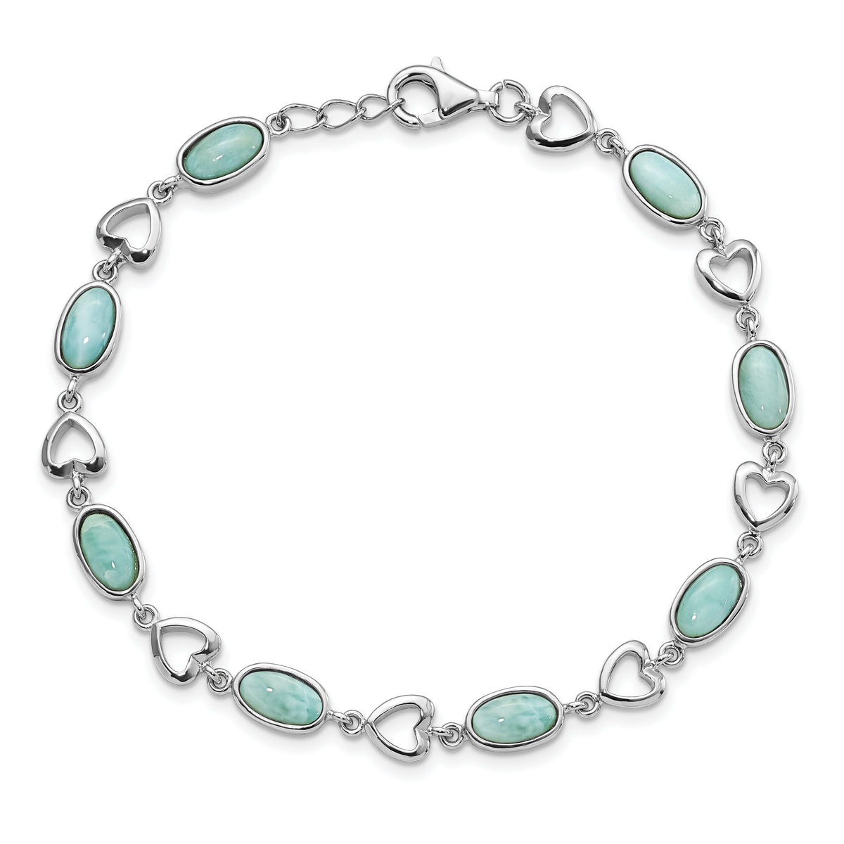 Sterling Silver Rhodium-plated Polished Oval Larimar & Heart Bracelet