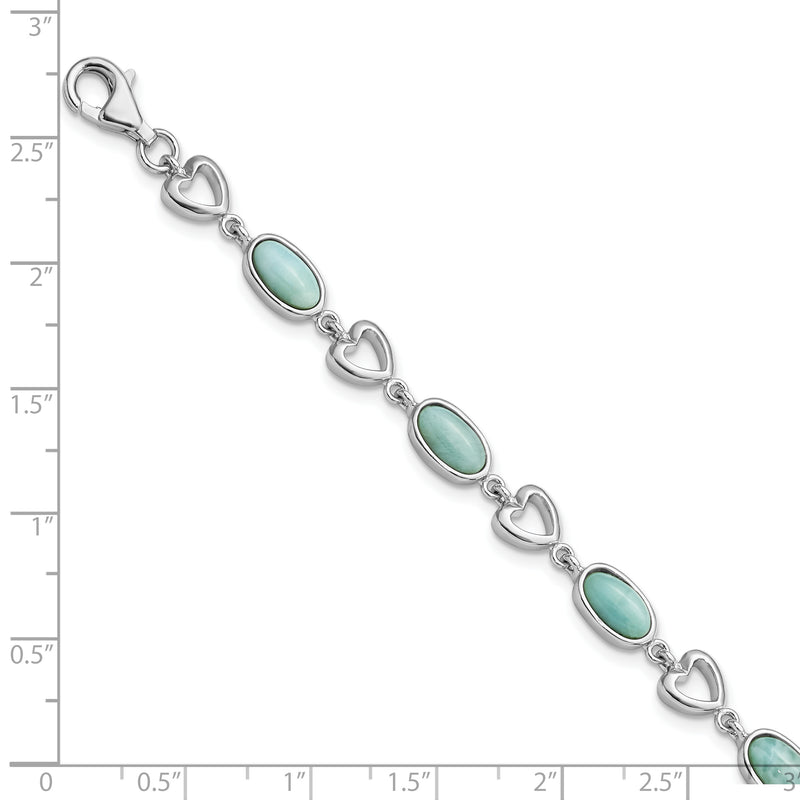 Sterling Silver Rhodium-plated Polished Oval Larimar & Heart Bracelet