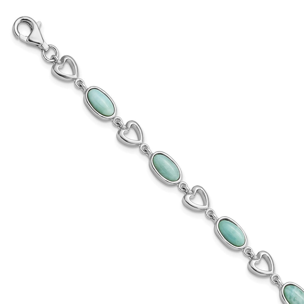 Sterling Silver Rhodium-plated Polished Oval Larimar & Heart Bracelet