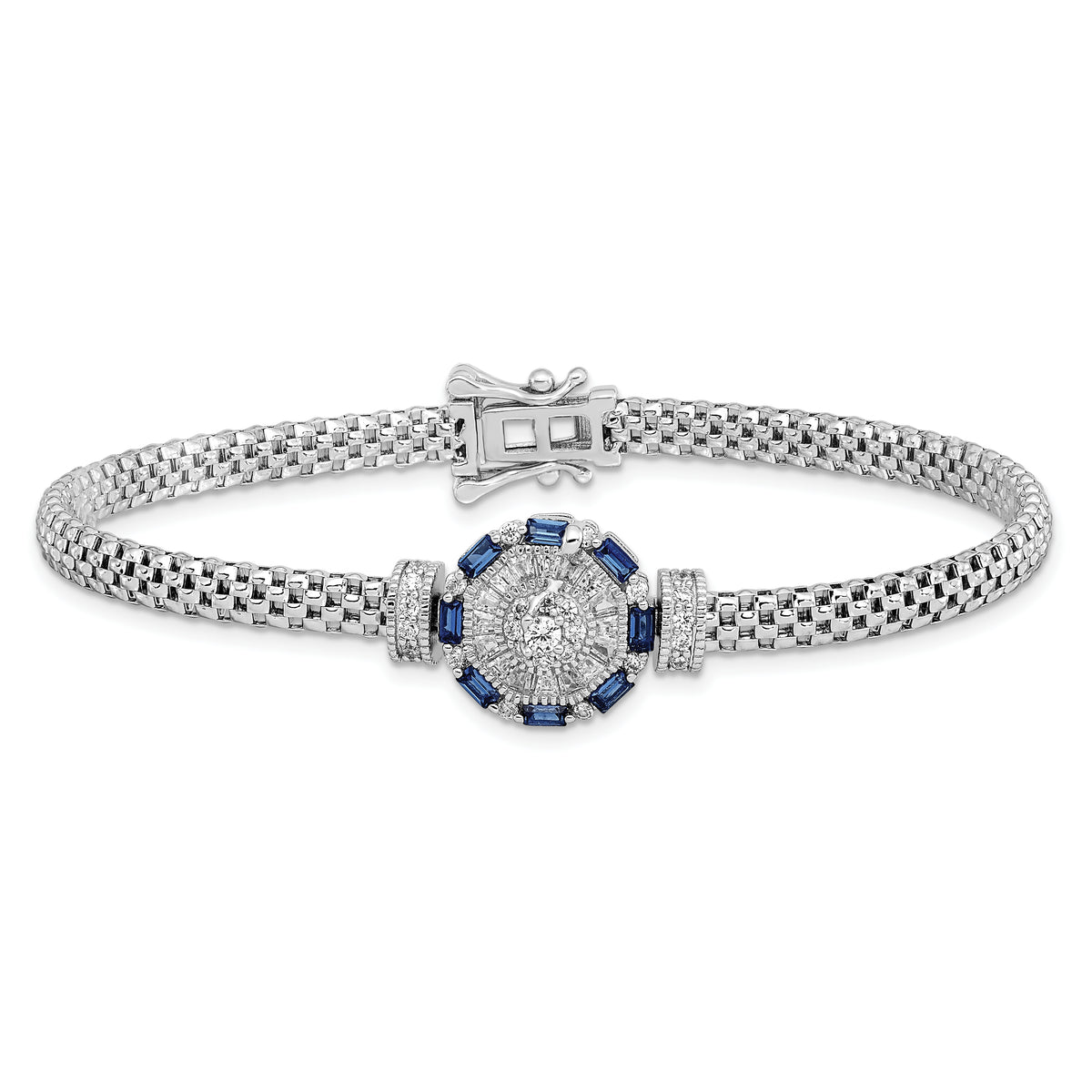 Sterling Silver Rhodium-plated Polished Blue & White CZ Bracelet